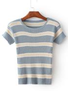 Romwe Blue Elastic Cuff Stripe Tight T-shirt