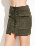 Romwe Army Green Suede Lace Up Pockets Bodycon Skirt