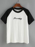 Romwe Contrast Letter Embroidered T-shirt
