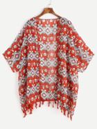 Romwe Graphic Print  Fringe Trim Cover Up