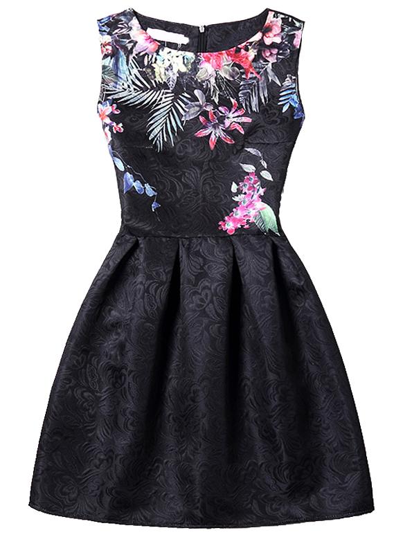 Romwe Bloom Print Fit & Flare Dress - Black