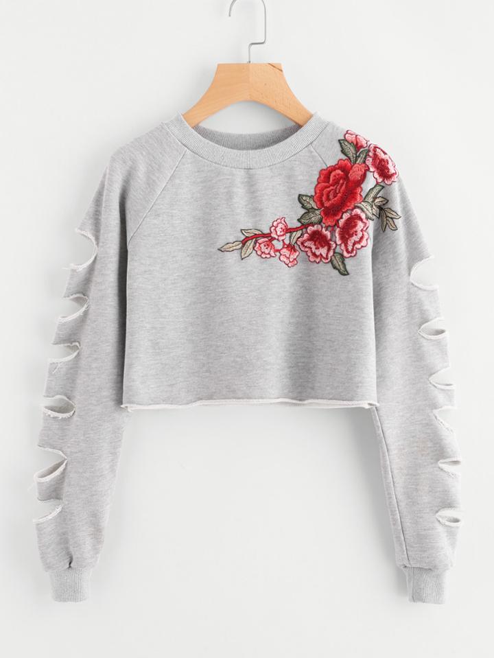 Romwe Ladder Cut Raglan Sleeve Patch Crop Sweatshirt
