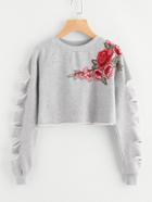 Romwe Ladder Cut Raglan Sleeve Patch Crop Sweatshirt