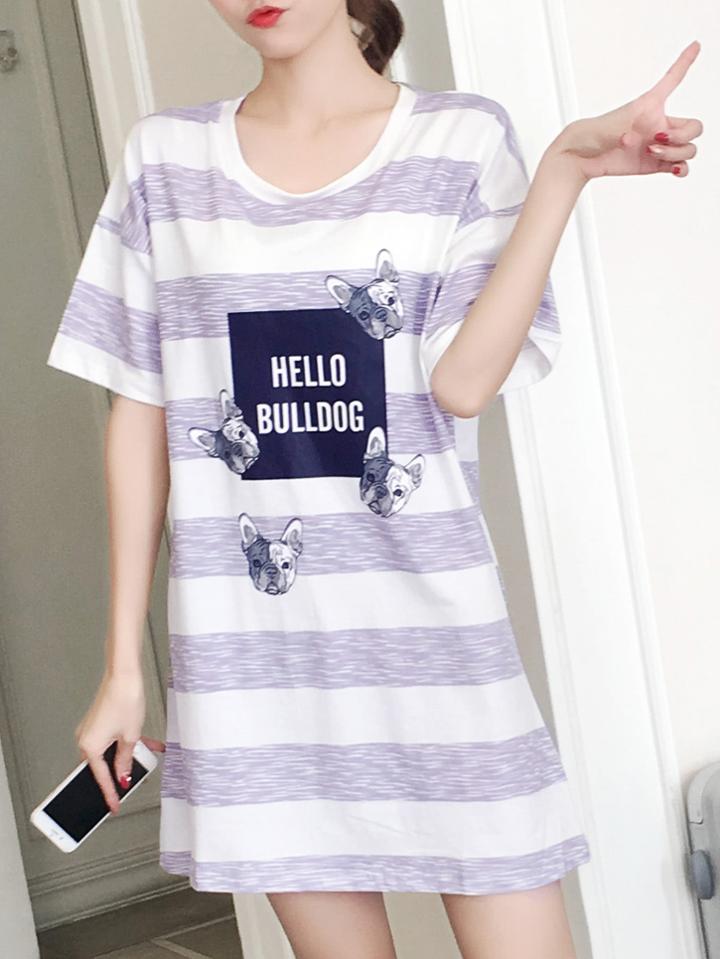 Romwe Letter & Dog Print Striped Dress