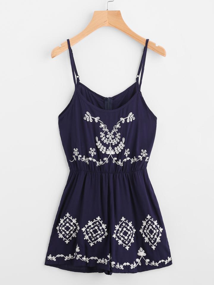 Romwe Flower Embroidered Cami Romper With Zipper Back