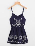 Romwe Flower Embroidered Cami Romper With Zipper Back