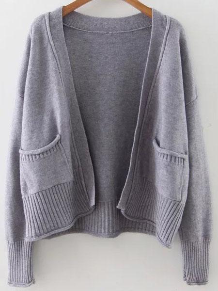 Romwe Grey Ribbed Trim Drop Shoulder Cardigan With Pockets