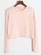 Romwe Long Sleeve Striped Pink Sweater