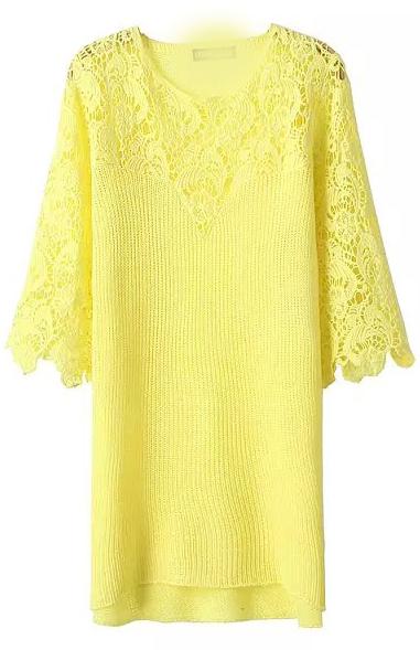 Romwe Floral Crochet Lace Hollow Yellow Dress