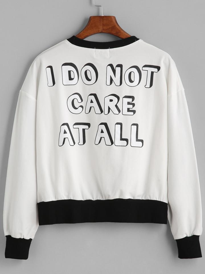 Romwe White Print Contrast Trim Embroidered Sweatshirt