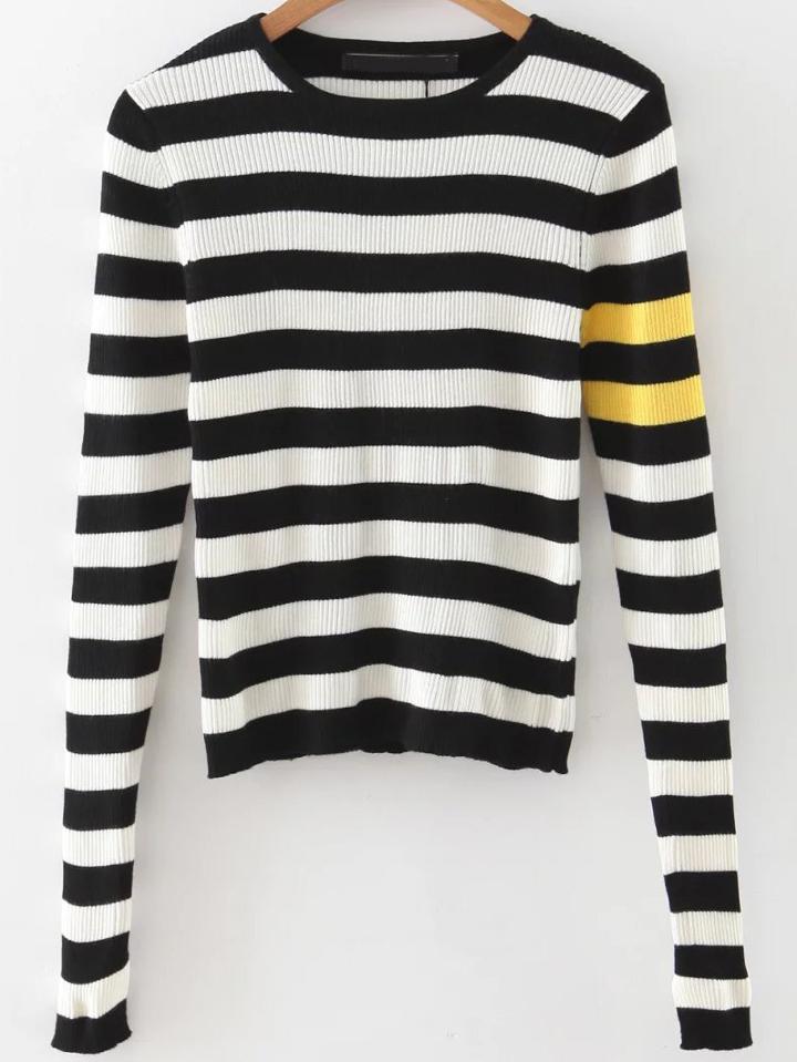 Romwe Black Striped Slit Sleeve Crop Knitwear