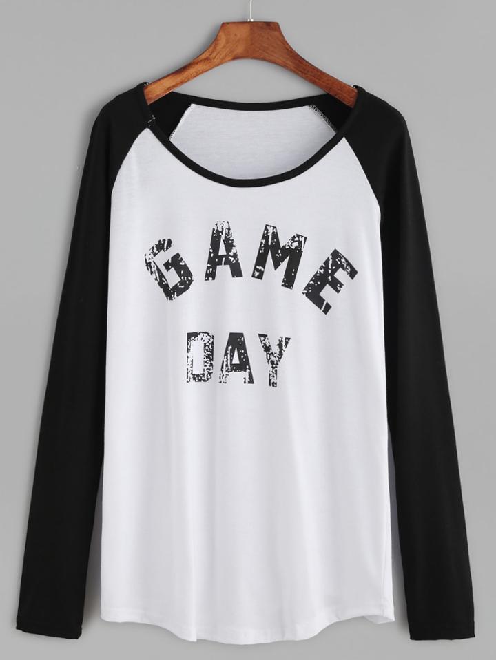 Romwe Contrast Raglan Sleeve Letter Print Scoop Neck T-shirt