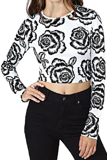 Romwe Romwe Black Rose Print Midriff Slim T-shirt