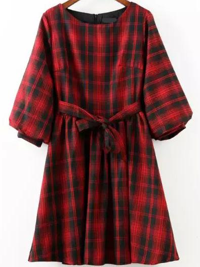 Romwe Puff Sleeve Plaid Self-tie Red Dress