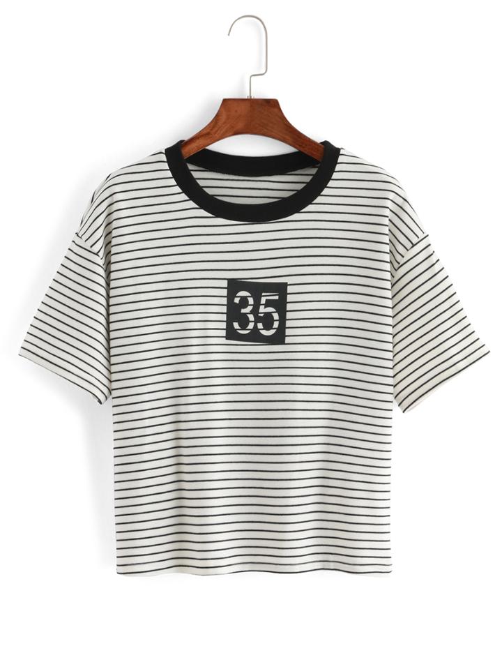 Romwe Striped Number Print T-shirt