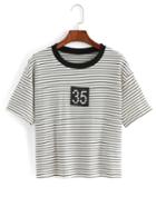 Romwe Striped Number Print T-shirt