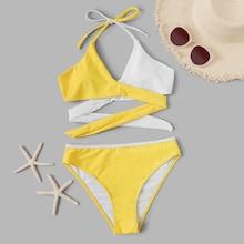 Romwe Two Tone Color Wrap Halter Bikini Set