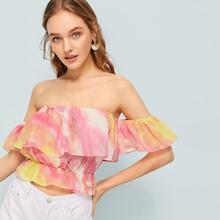Romwe Tie Dye Flounce Trim Bardot Blouse