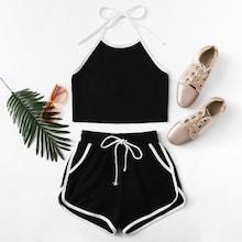 Romwe Open Back Halter Top With Shorts