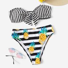 Romwe Striped Bandeau With Random Pineapple Bikini