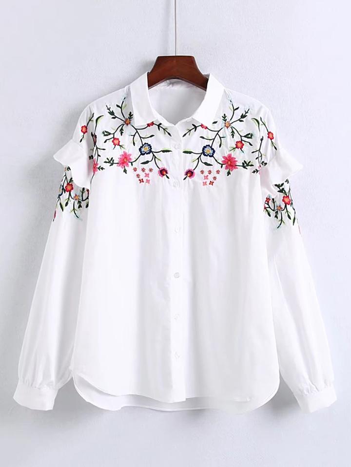 Romwe Flower Embroidery Ruffle Detail High Low Blouse