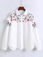 Romwe Flower Embroidery Ruffle Detail High Low Blouse