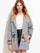 Romwe Heather Grey Drop Shoulder Embroidered Coat