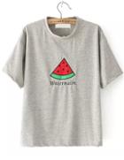 Romwe Watermelon Patch Embroidered Grey T-shirt