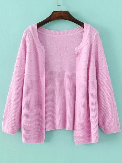 Romwe Pink Raglan Sleeve Loose Fit Textured Sweater Coat