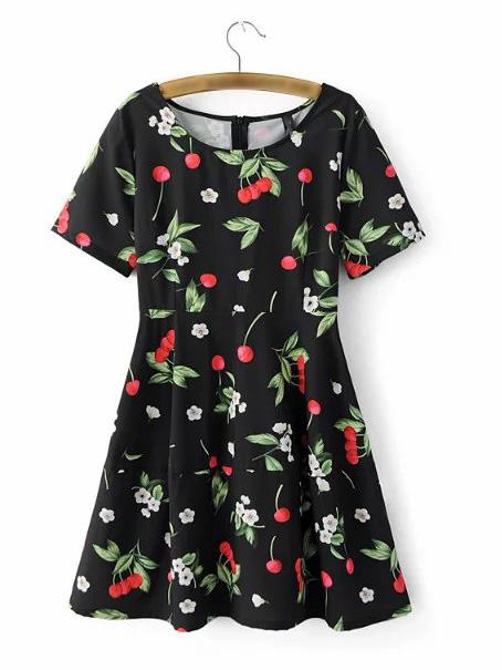 Romwe Black Cherry Print Zipper Back Dress