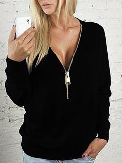 Romwe V Neck Zipper Black T-shirt