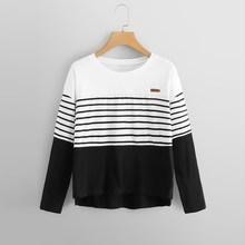 Romwe Plus Striped Panel High Low Tee