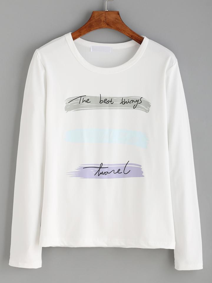 Romwe White Letter Print Long Sleeve T-shirt