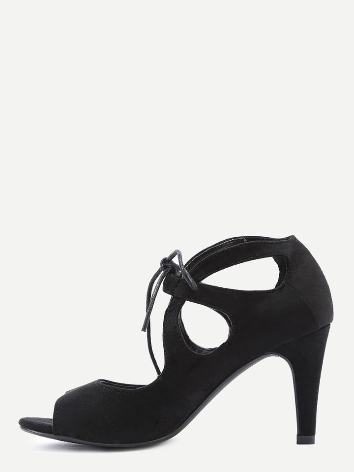 Romwe Faux Suede Lace-up Peep Toe Pumps - Black
