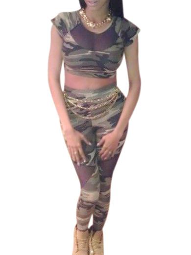 Romwe Camo Cap Sleeve Crop Top With Pant