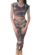 Romwe Camo Cap Sleeve Crop Top With Pant