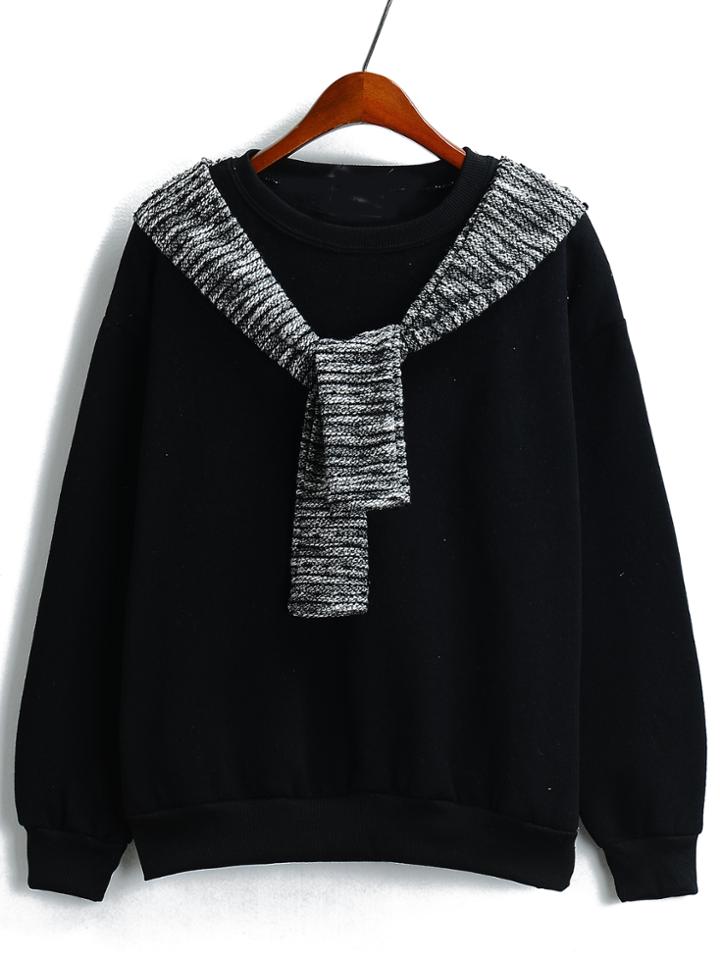 Romwe Round Neck Contrast Tie Loose Black Sweatshirt