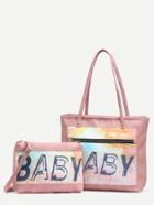 Romwe Pink Letter Print Tote Bag With Crossbody Bag