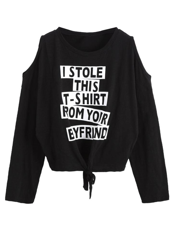 Romwe Black Letter Print Open Shoulder Tie Front T-shirt