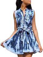 Romwe Self-tie Tie Dye Print Sleeveless Shirt Dress - Blue