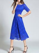 Romwe Blue Sheer Lace A-line Dress