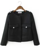 Romwe Round Neck Pockets Black Coat