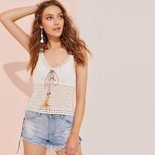 Romwe Lace-up Crochet Tank Top