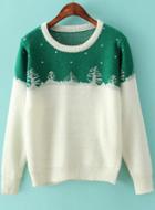 Romwe Green Christmas Tree Print Color Block Sweater