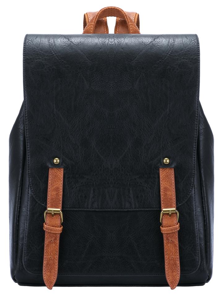 Romwe Black Leather Buckle Pu Backpack