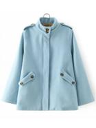 Romwe Stand Collar With Pockets Woolen Blue Coat
