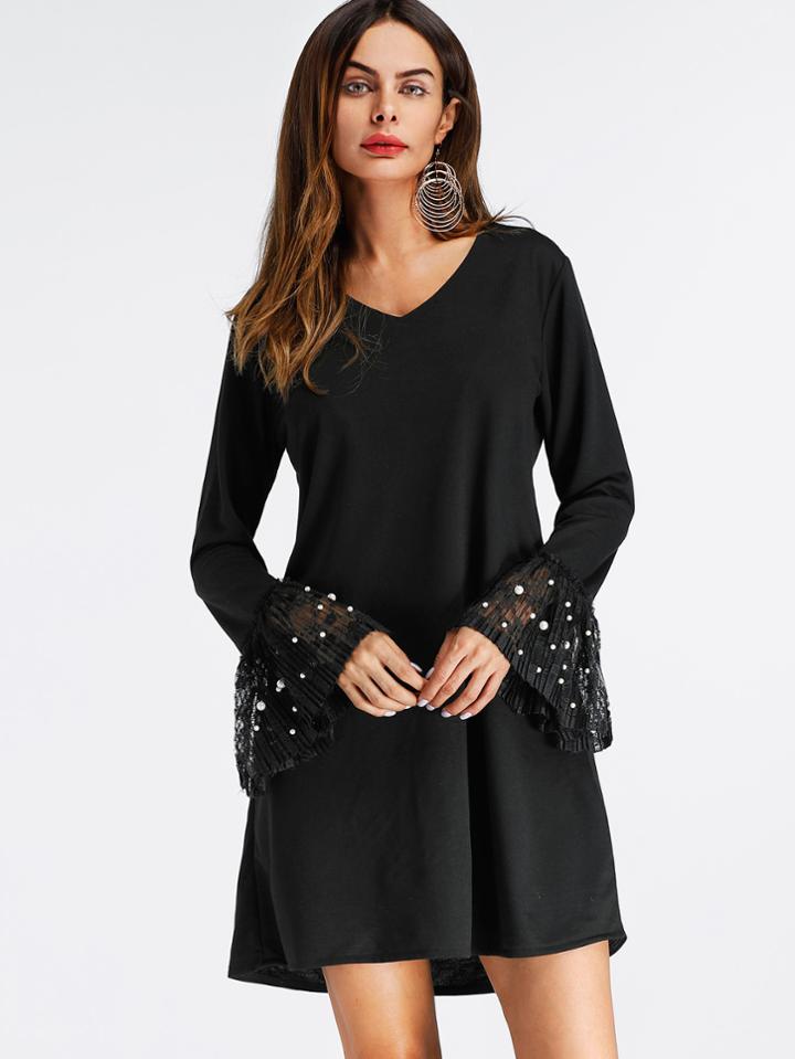 Romwe V Neckline Fluted Sleeve Pearl Beaded Dress