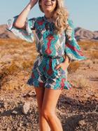 Romwe Bell Sleeve Ruffle Hem Printed Romper