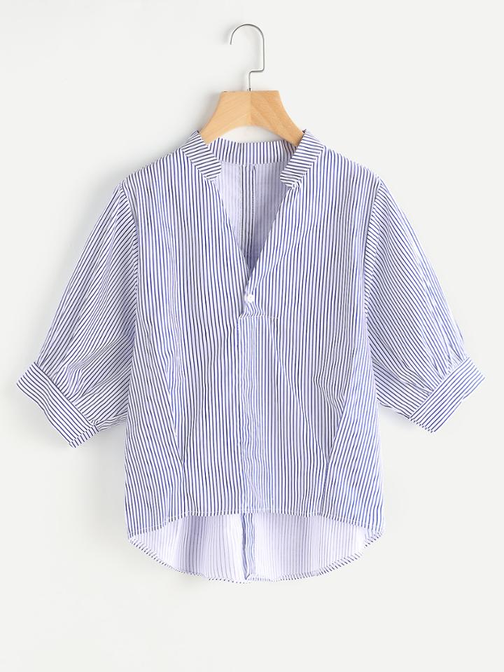 Romwe V Neckline Pinstriped Button Back Dip Hem Blouse