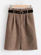 Romwe Slit Houndstooth Skirt With Belt